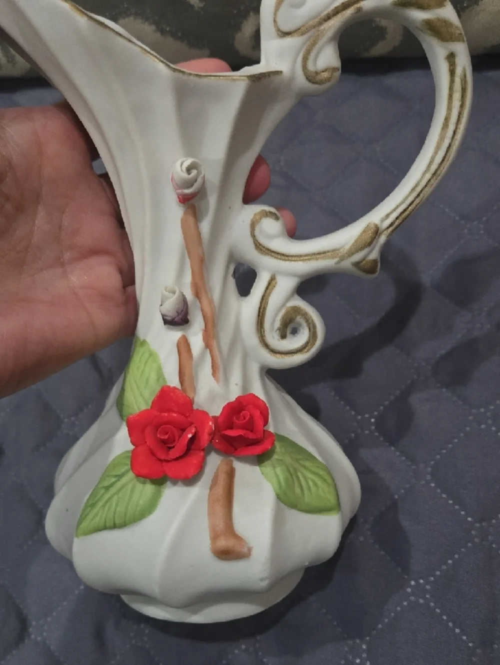 White Ceramic Floral Pitcher with Red Rose Accents